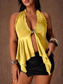 Rustia Plus Size Women Metal Decor Halter Tie Ruffle Hem Fashionable Versatile Casual Top - Yellow - View 4