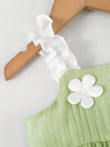 SHEIN 女宝宝可爱夏季度假绿色3D立体花朵吊带裙 - 綠色 - 查看 6