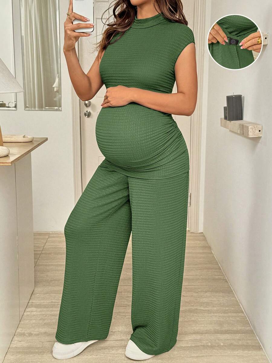 SHEIN 2pcs Maternity Solid Color Fitted Top And Wide Leg Pants Casual Set - Green - View 1
