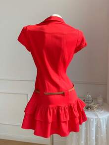 Comfortcana Women's Red Summer Cute Everyday Solid Cap Sleeve Single-Breasted Pleated Casual Shirt Dress,Festival Spring Outfit,Easter Beach Vacation Y2k Work - Red - View 2