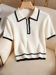 Franclia Women's Casual White And Black Contrast Color Knit Short Sleeve Top,Summer Elegant Office Back-To-School Polo Shirt,Cute Double Lined Sweaters Tops - White - View 1