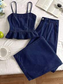 Comfortcana Women's Solid Color Minimalist Camisole Top And Jeans Set - Dark Wash - View 7