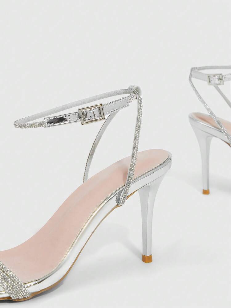 CUCCOO SZL Women's Buckle Design Elegant High Heel Sandals, Silver Rhinestone, Suitable For Party Prom Heels