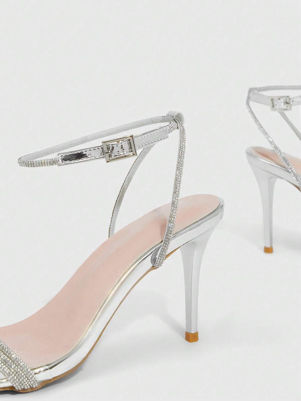 CUCCOO SZL Women's Buckle Design Elegant High Heel Sandals, Silver Rhinestone, Suitable For Party Prom Heels Summer Shoes
