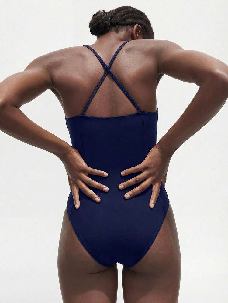 SHEIN Maija Women's Minimalist Solid Color Criss-Cross Backless One-Piece Swimsuit, Suitable For Beach & Holiday One Piece Bathing Suit Braided Strap Swimsuit Conservative Swimsuit Navy Blue Swimsuit Full Coverage Swimsuit Navy One Piece Women's Swimwear Women's Bathing Suit Women's One Piece Swimsuit One Piece Swimsuit Women