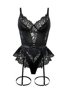 SHEIN Set de 2 bodys de mujer con parches de encaje (sin aros/tirantes ligueros) ropa interior exterior para salir, look de chica mala - Negro - Ver 2