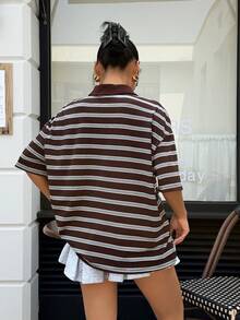 Muchica Brown Striped Knit Casual Women's Short-Sleeved T-Shirt, Summer, Beachwear, Vacation Wear, Resort Wear - Multicolor - View 2