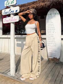 Muchica Women's Casual Seashell Print Loose Pants, Vacation Style - Apricot - View 5