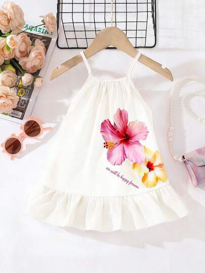 SHEIN Playful Pals Vestido de niña bebé e infantil con estampado floral, base blanca con patrón de flores vibrantes, diseño sin mangas adecuado para el verano, opción dulce para el atuendo de verano de las niñas
