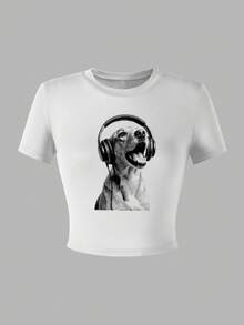 少女紧身短袖休闲狗狗动物印花圆领露脐针织上衣T恤 - 玫紅色 - 查看 2