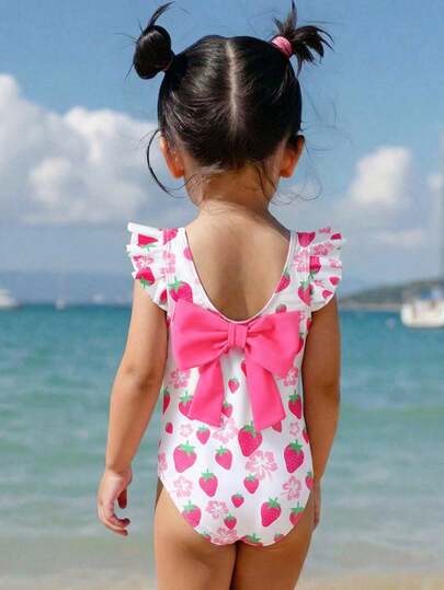 SHEIN 少女可爱草莓印花荷叶袖露背蝴蝶结连体泳衣，休闲日常度假