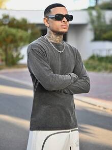 Devon Thys 卓天喜男士水洗宽松休闲圆领长袖T恤 - 黑色 - 查看 6