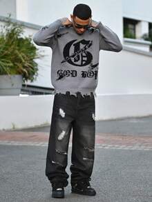 Devon Thys Suéter holgado de cuello redondo con mangas raglán, estilo casual de calle gótico, con patrón de letras intarsia, unisex, para otoño/invierno, de la marca ANDREILEE - Gris - Ver 5