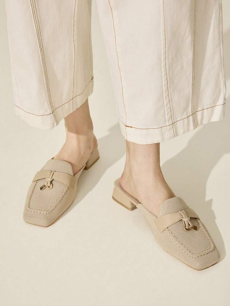 CUCCOO BASICS Almond Color Knitted Fabric Square Toe Chunky Low Heel Mules Slippers, Minimalist Comfortable Breathable Slip-On Shoes For Daily, Work, Date, Party, Holiday