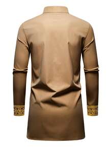 Genlund Bộ áo sơ mi nam cổ tròn tay raglan dài tay kiểu vintage - Cà phê nâu - Xem 2