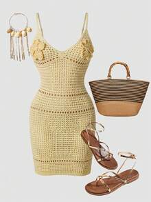 SHEIN TRVLCHIC Women's Hollow-Out 3D Floral Sleeveless Knit Vacation Dress,Suitable For Summer Vacation,Summer Dress,Summer Outfits,Summer Dresses For Women,Beach Outfits For Women,Beach Vacation Outfits For Women,Vacation Outfits Women, Casual Dresses For Women - Yellow - View 7
