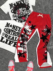 SHEIN 2pcs Tween Boy Classic Cool Graphic Tee And Flare Pants Set, Featuring Stylish Graphic Prints, Suitable For Summer - White - View 4