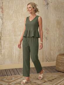 Faunlyn Bộ áo ba lỗ viền bèo nhún màu trơn và quần dài dành cho kỳ nghỉ & giải trí dành cho nữ - xanh quân đội - Xem 5