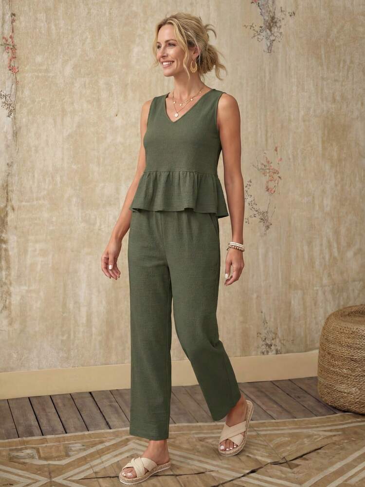 Ladies' Vacation & Leisure Solid Color Ruffle Hem Tank Top And Long Pants Set