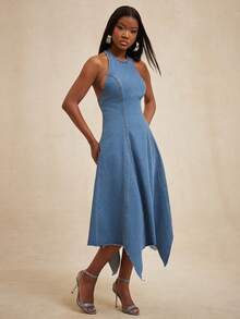 NYA SZN Vestido de mezclilla con cintura ceñida y cuello halter, elegante para citas y salidas - Azul lavado medio - Ver 5