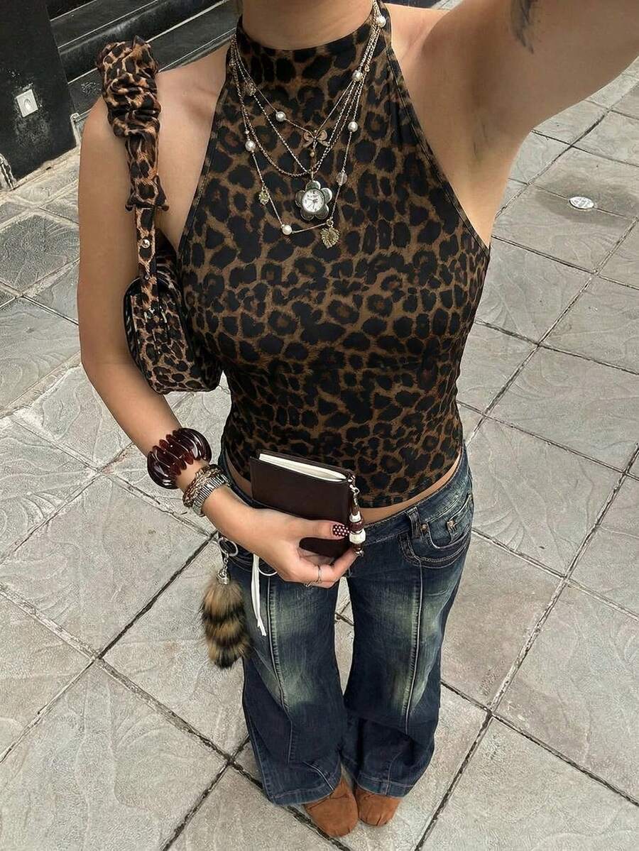 Aloruh 女士新款高领露背性感豹纹吊带背心，适合派对、度假、音乐节等场合。 - 彩色 - 查看 1