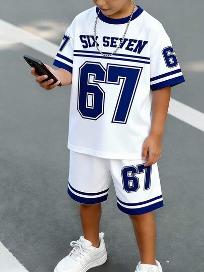 SHEIN Coolqubz Tween Boys Spring And Summer Casual Fashion Creative Personalized Refreshing Minimalist Stylish Numeric 67 Striped Blue & White Combination Letter Slogan Graphic Print Relaxed T-Shirt And Shorts Set, Comfortable Daily Wear, Cozy Summer And Fall Styles Suitable For Spring, Summer, Autumn Seasons For Boys