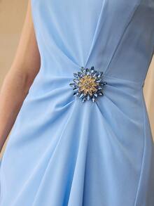 ZEYLAH 女士简约优雅水钻褶皱中长连衣裙 - 藍色 - 查看 2