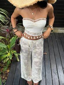 Sunnyshic Women's Apricot Elastic Waist Tie Textured Hollow Paisley Jacquard Loose Casual Pants, Suitable For Bohemian Casual Parties, Music Festivals - Apricot - View 3