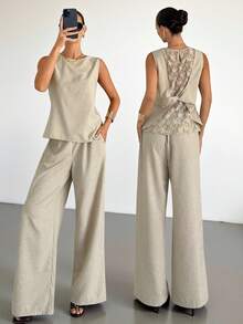 Siren Gaze 2件套亚麻女士夏季新款露背蕾丝拼接吊带背心和阔腿裤套装 - 杏色 - 查看 5