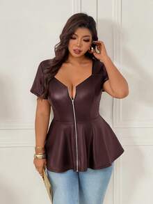 SHEIN Clasi CURVE 女款大尺碼新款純色方領挖空 A 字版型彈性 PU 上衣，修身遮臀 - 棕色 - 查看 5
