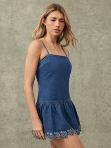 WESTFADE Square Neck Floral Embroidered Drop Waist Sleeveless Scalloped Denim Mini Dress, White And Blue Floral, Autumn, Casual Cute, Everyday Boho Vacation - Medium Wash - View 3