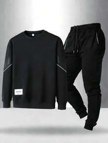 Conjunto de ropa deportiva de sudadera de cuello redondo de manga larga casual y versátil para hombres - Negro - Ver 1