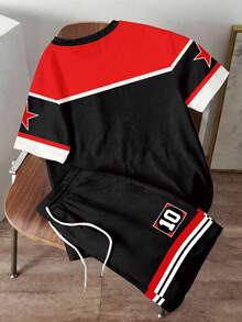 Manfinity Homme 男士撞色字母印花T恤套装，两件套，适合夏季、户外、上学、运动穿着 - 黑色 - 查看 5