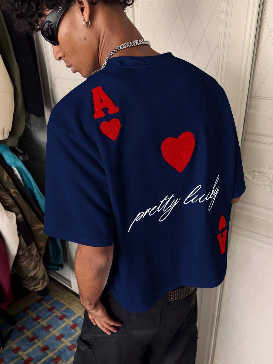 PAVTROS Men's Letter & Heart Print Casual Round Neck Short Sleeve T-Shirt, Summer - Navy Blue - View 1