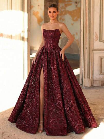 Glamrae TElegant, Romantic, Fashionable Burgundy Jacquard Fabric Halter Dress, Elegant Party Dress, Wedding Guest Dress, Burgundy Formal Evening Gown, Fashionable Formal Dress, Bridesmaid Dress, Formal Dinner Dress