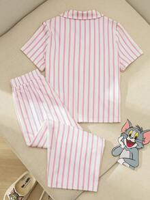 TOM & JERRY X SHEIN 女童夏季休闲条纹卡通印花短袖衬衫和裤子睡衣套装 - 淺粉色 - 查看 2