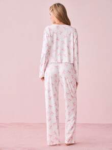 SHEIN 甜美清新蝴蝶结印花女士睡衣套装，ins风粉色蝴蝶结睡衣套装，秋冬服装 - 彩色 - 查看 2