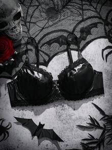 AltCore 哥特风蕾丝PU皮交叉胸罩，性感女士内衣，小号 - 黑色 - 查看 1