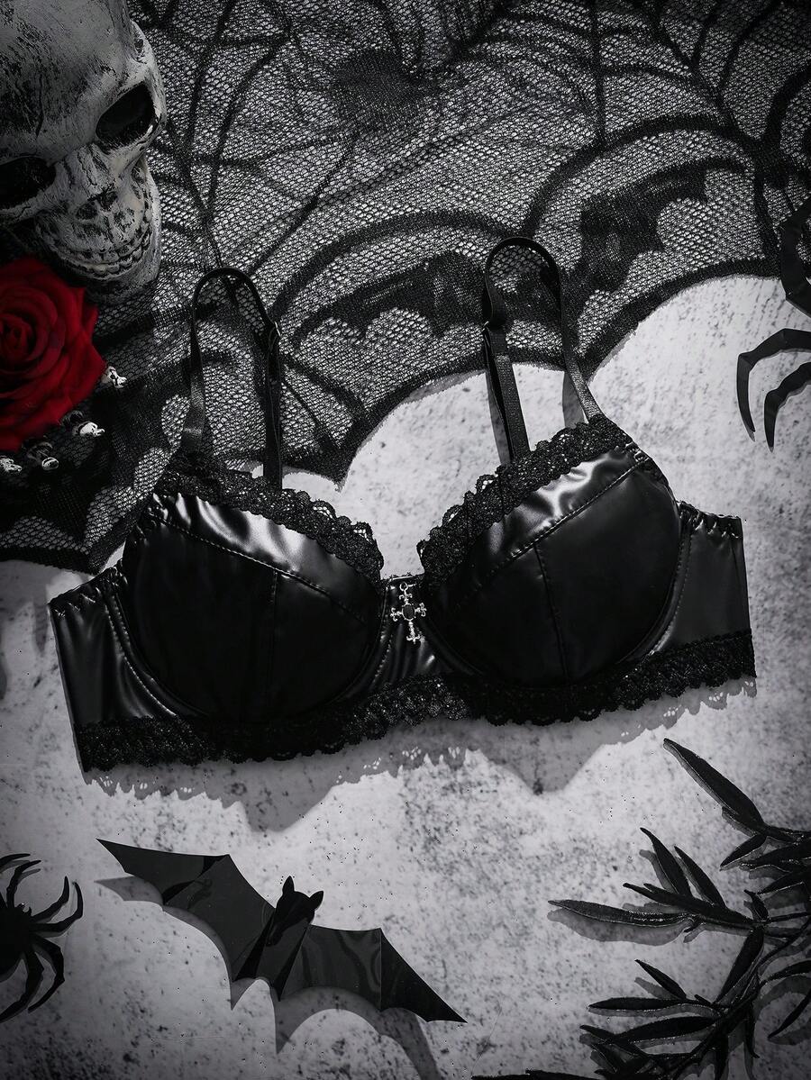 AltCore 哥特风蕾丝PU皮交叉胸罩，性感女士内衣，小号 - 黑色 - 查看 1