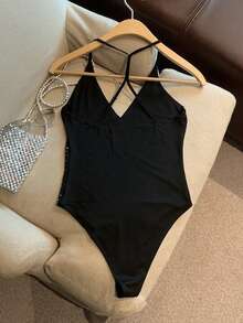 Resyla 2pcs/Set Sexy Rhinestone Decor Women's Camisole Bodysuit, Summer - Black and White - View 2