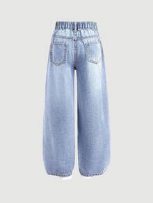 SHEIN 少女时尚休闲 Y2k 复古酷炫街头刺绣设计复古水洗高腰猫须水洗宽松直筒牛仔裤日常穿搭春夏狂欢节和街头服饰新款 SS26 时尚 - 藍色 - 查看 2