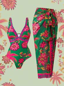 Swim Oasis Women's Summer Vacation Casual Beach Wear Tropical Floral Print One-Piece Swimsuit Bikini With Adjustable Shoulder Strap & Skirt, High-End Fashion Swimsuit Set - Multicolor - View 1