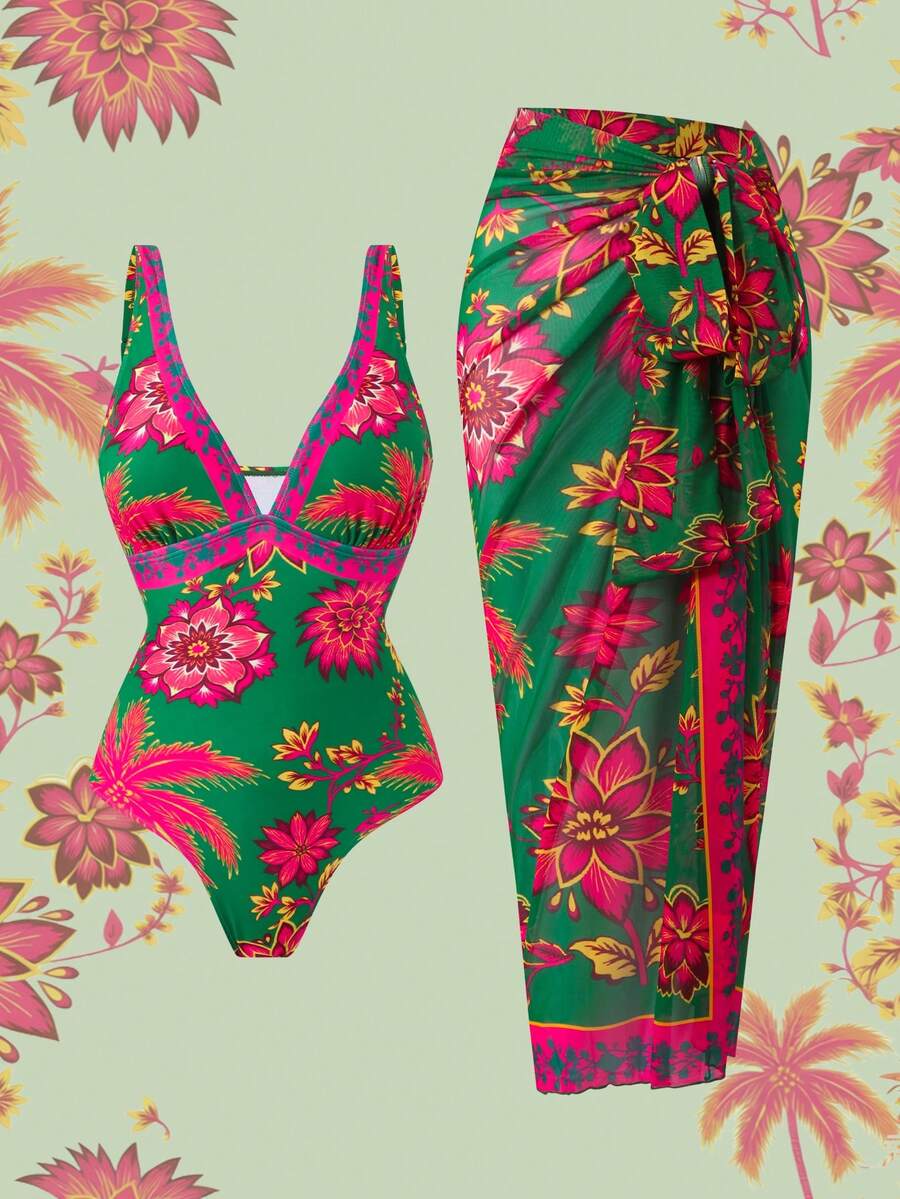 Swim Oasis Women's Summer Vacation Casual Beach Wear Tropical Floral Print One-Piece Swimsuit Bikini With Adjustable Shoulder Strap & Skirt, High-End Fashion Swimsuit Set - Multicolor - View 1