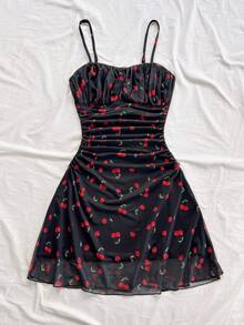 Soleia Đầm slip lưới họa tiết hoa xanh trắng dành cho nữ, thích hợp cho kỳ nghỉ hè. - màu đen - Xem 3