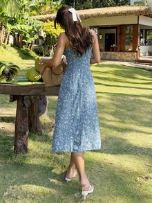 SHEIN VCAY 碎花前打結高衩吊帶連衣裙 - 霧霾藍 - 查看 2