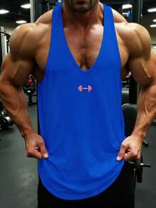 GymBeat Men's Barbell Print Casual Fitness Workout Tank Top, Gym - Blue - View 3