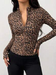 DAZY Leopard Print Casual Sports Fitness Jacket, Spring & Summer - Coffee Brown - View 1