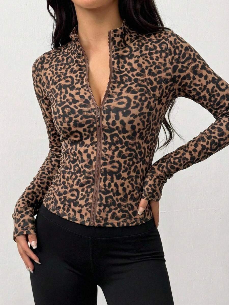 DAZY Leopard Print Casual Sports Fitness Jacket, Spring & Summer - Coffee Brown - View 1