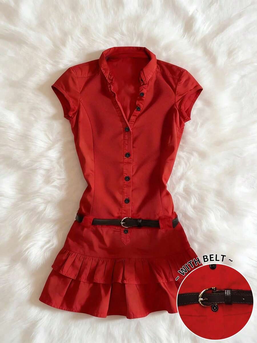 Glimmora 女士休闲荷叶边短连衣裙，夏季 - 紅色 - 查看 1