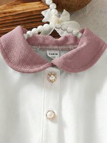 SHEIN Elladie kids 2件組少女甜美優雅彼得潘領珍珠鈕扣拼色襯衫與蝴蝶結珍珠短褲，秋季親子套裝可愛淑女風派對套裝 - 藕粉色 - 查看 4